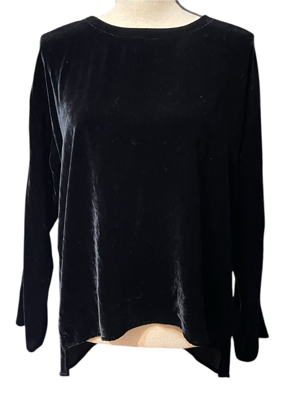 Eileen Fisher Black Velvet Long Sleeve High Low Top Career Business Casual Small